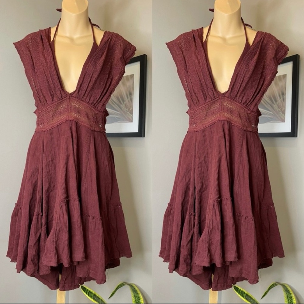 Free People Wine Red Boho V-Neck Tiered Mini Dress